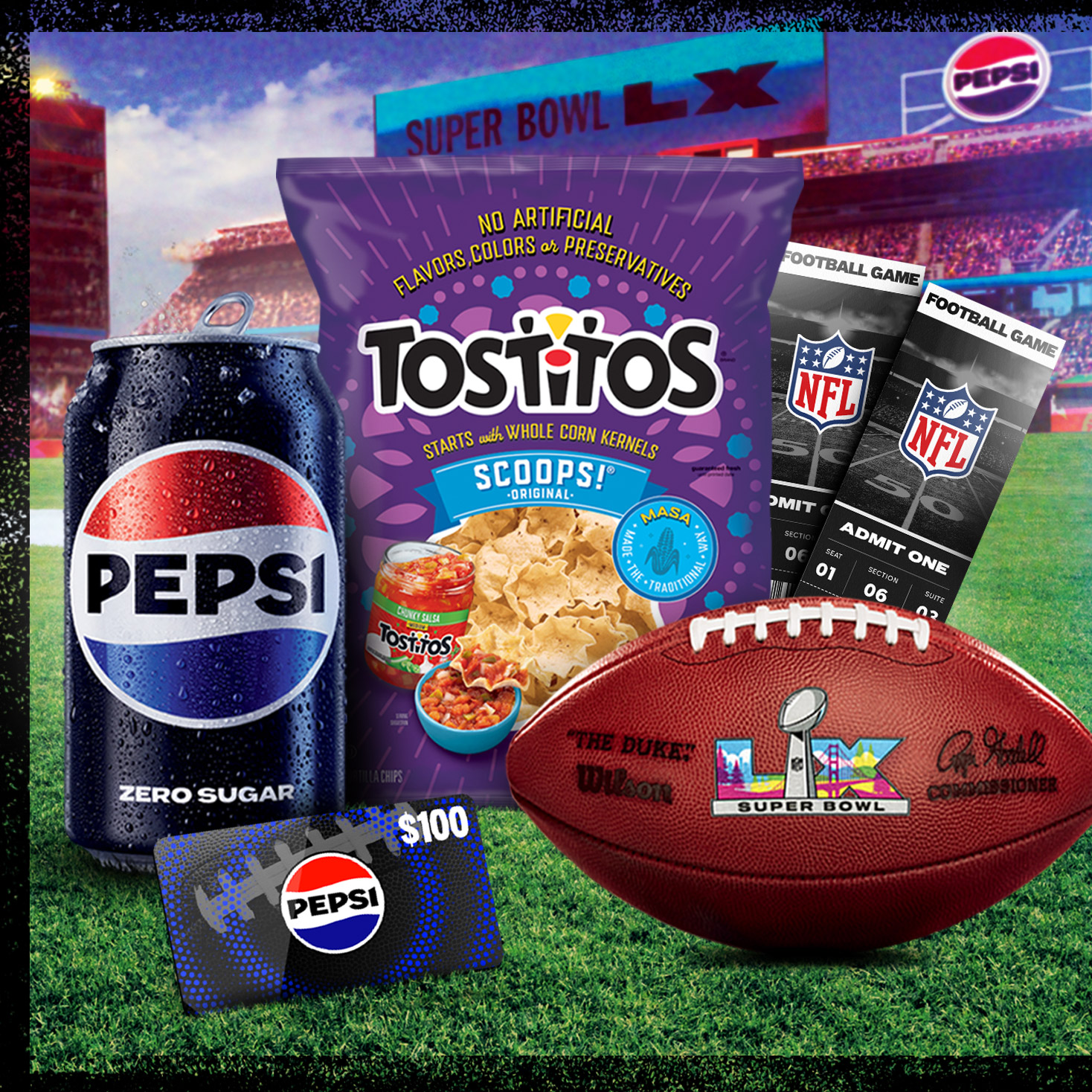 Pepsi, Tostitos, NFL Tickets, Football and Giftcard sitting on a football field.
