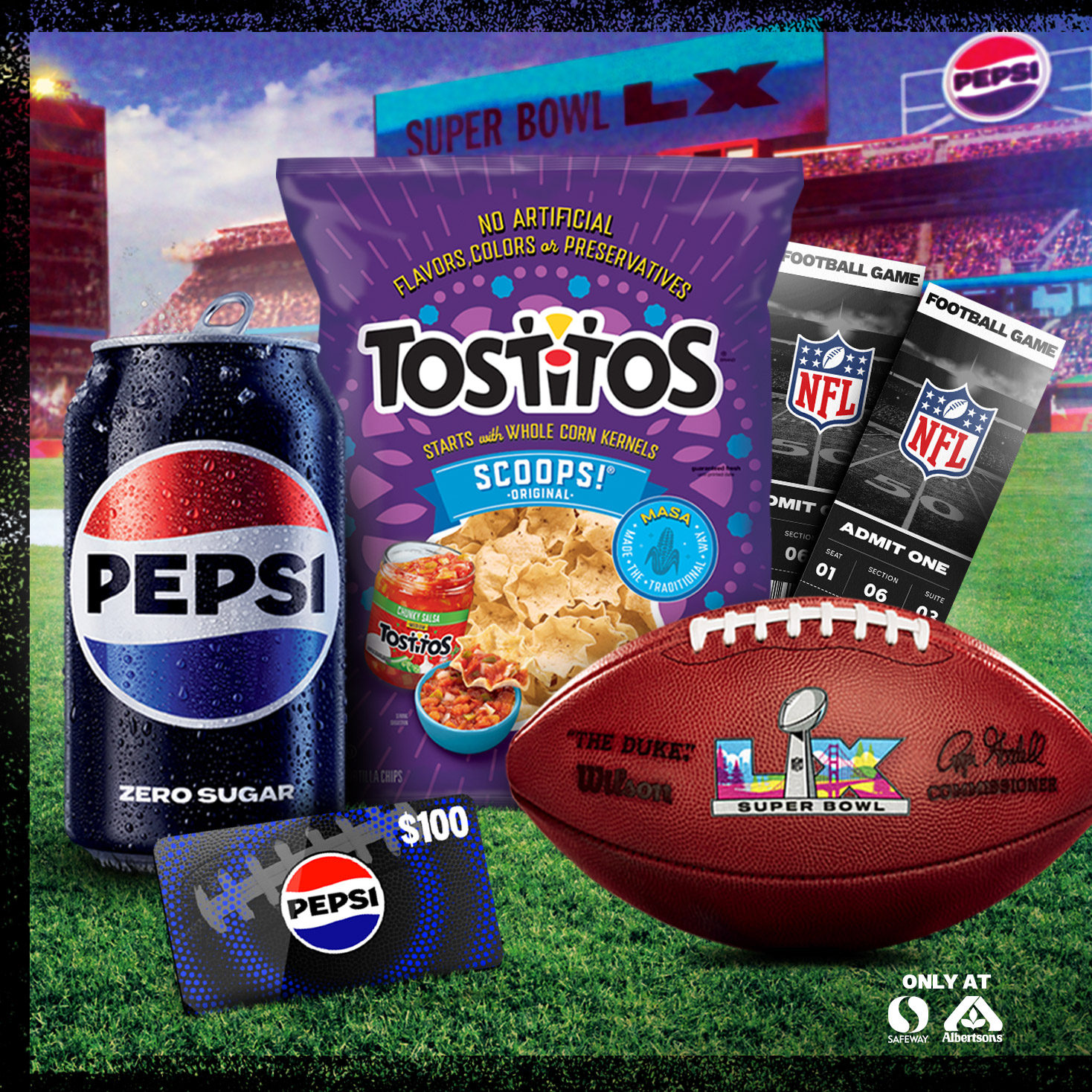 Pepsi, Tostitos, NFL Tickets, Football and Giftcard sitting on a football field. Only At Safeway